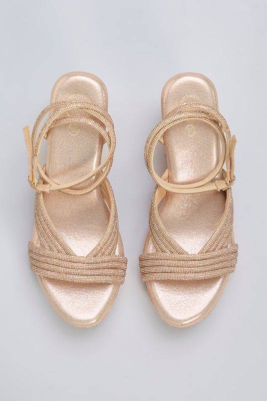 Rose Gold Vegan Leather Rhinestone Embellished Wedges