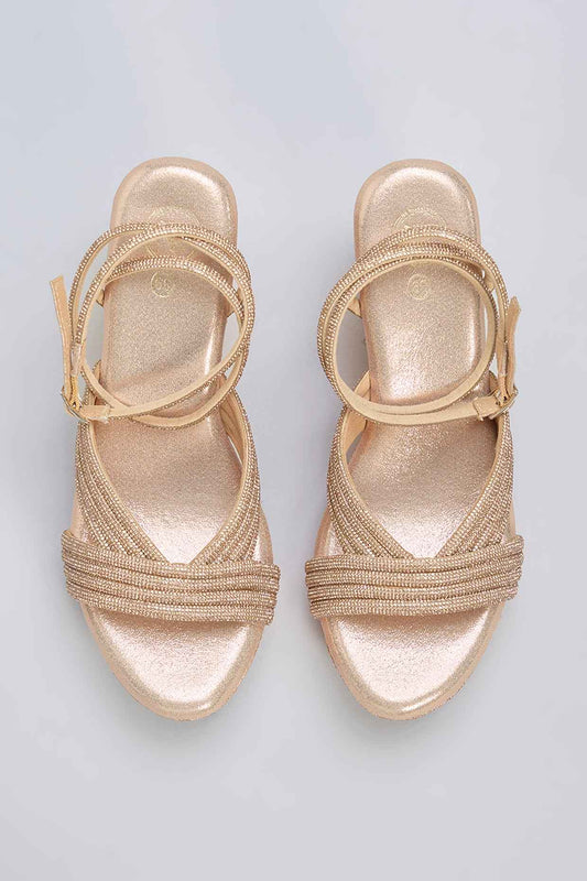Rose Gold Vegan Leather Rhinestone Embellished Wedges