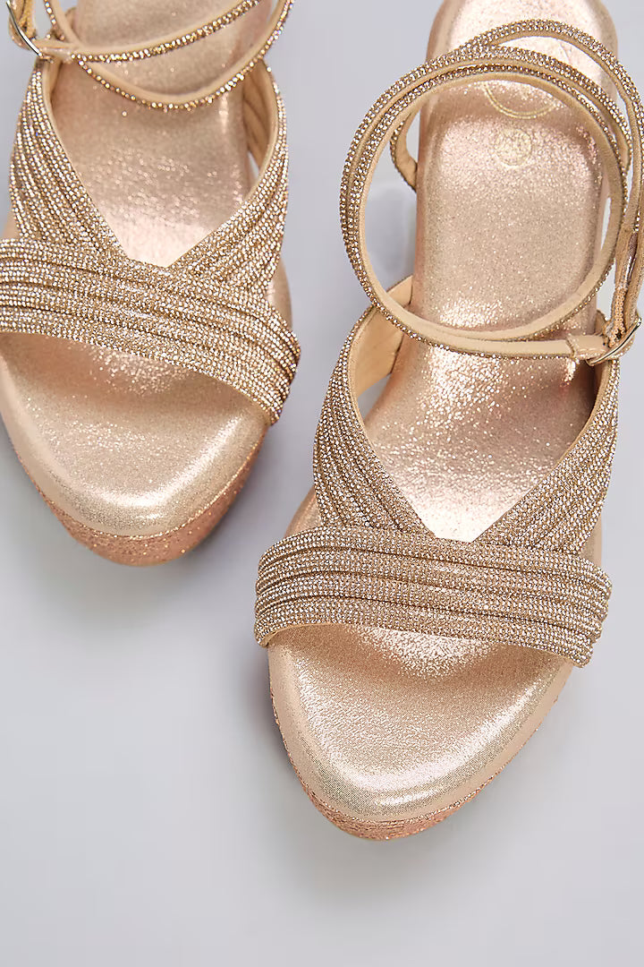 Rose Gold Vegan Leather Rhinestone Embellished Wedges