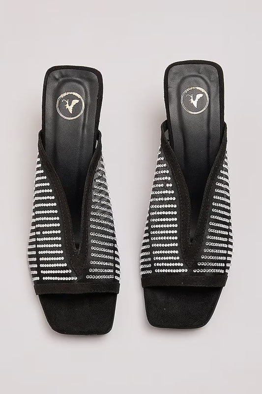 Black With White Studed Net Heel