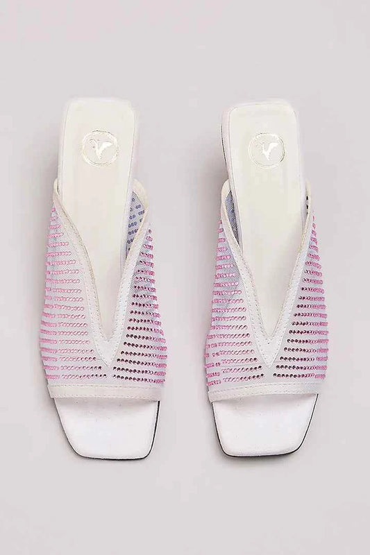 White With Rose Gold Studed Net Heel