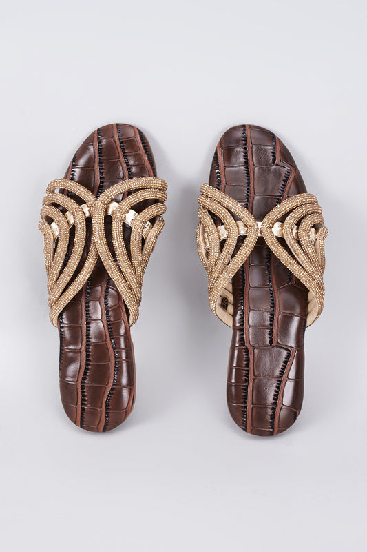 Brown Synthetic & Vegan Diamond Rhinestone Embellished Crocs Flats