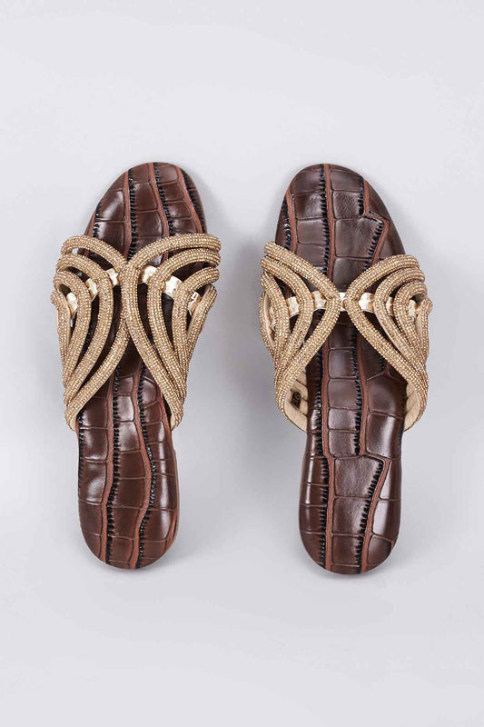 Brown Synthetic & Vegan Diamond Rhinestone Embellished Crocs Flats