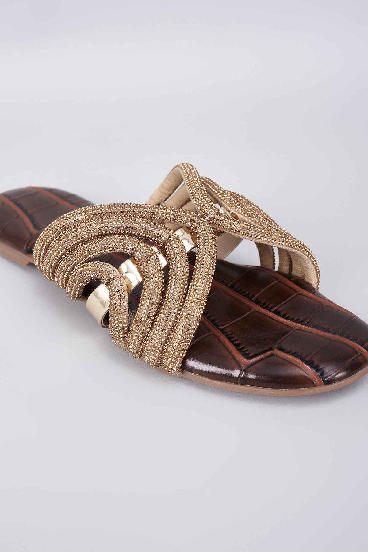 Brown Synthetic & Vegan Diamond Rhinestone Embellished Crocs Flats
