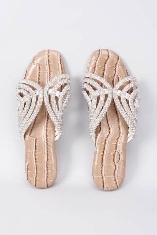 Beige Synthetic & Vegan Rhinestone Embellished Crocs Flats