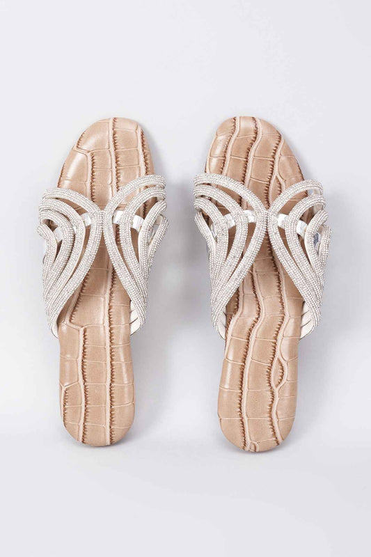 Beige Synthetic & Vegan Rhinestone Embellished Crocs Flats