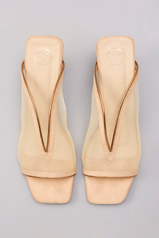 Beige Shark Net Open Toe Heels