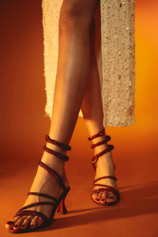 Red Diamond Rashi Khanna Swarovski Strings Open Toe Heel Sandals