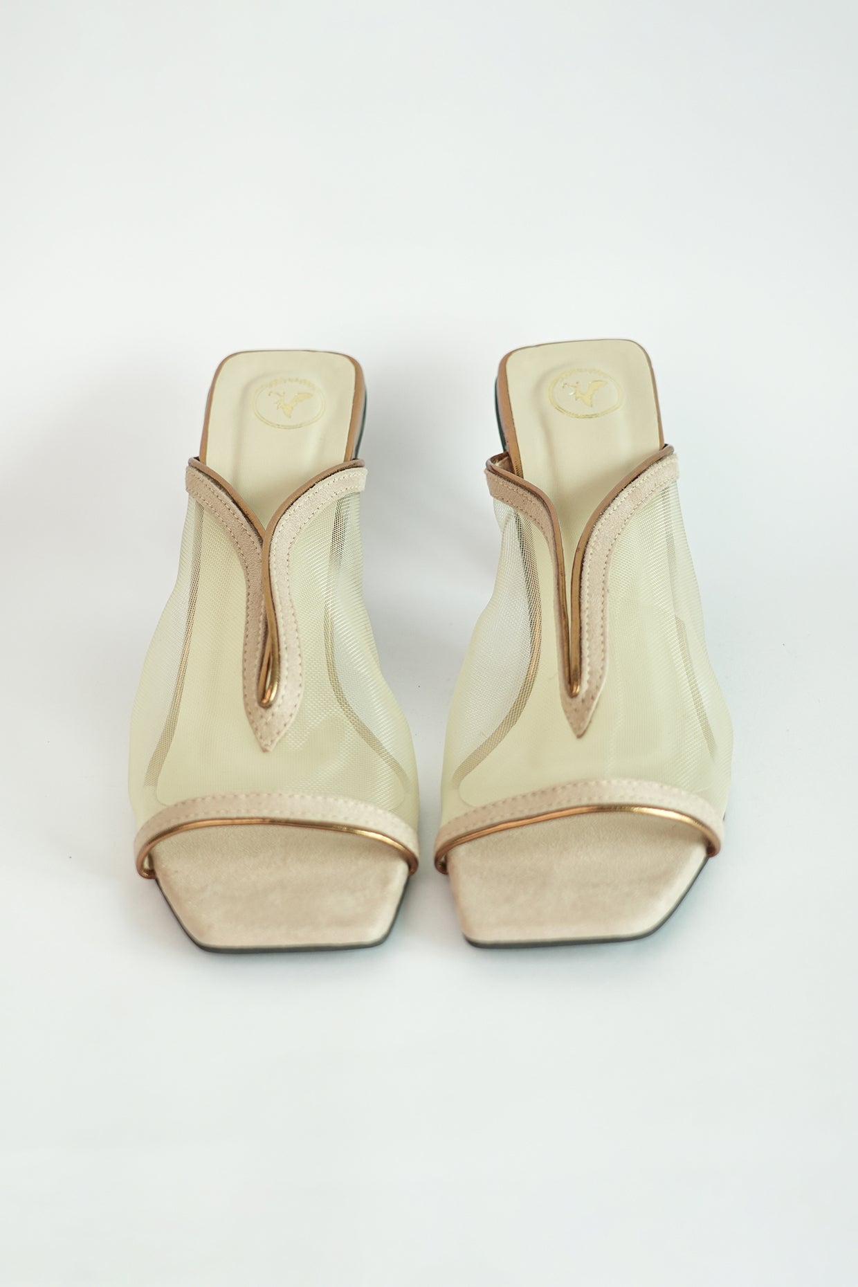 Gold Shark Net Open Toe Slip on Heels