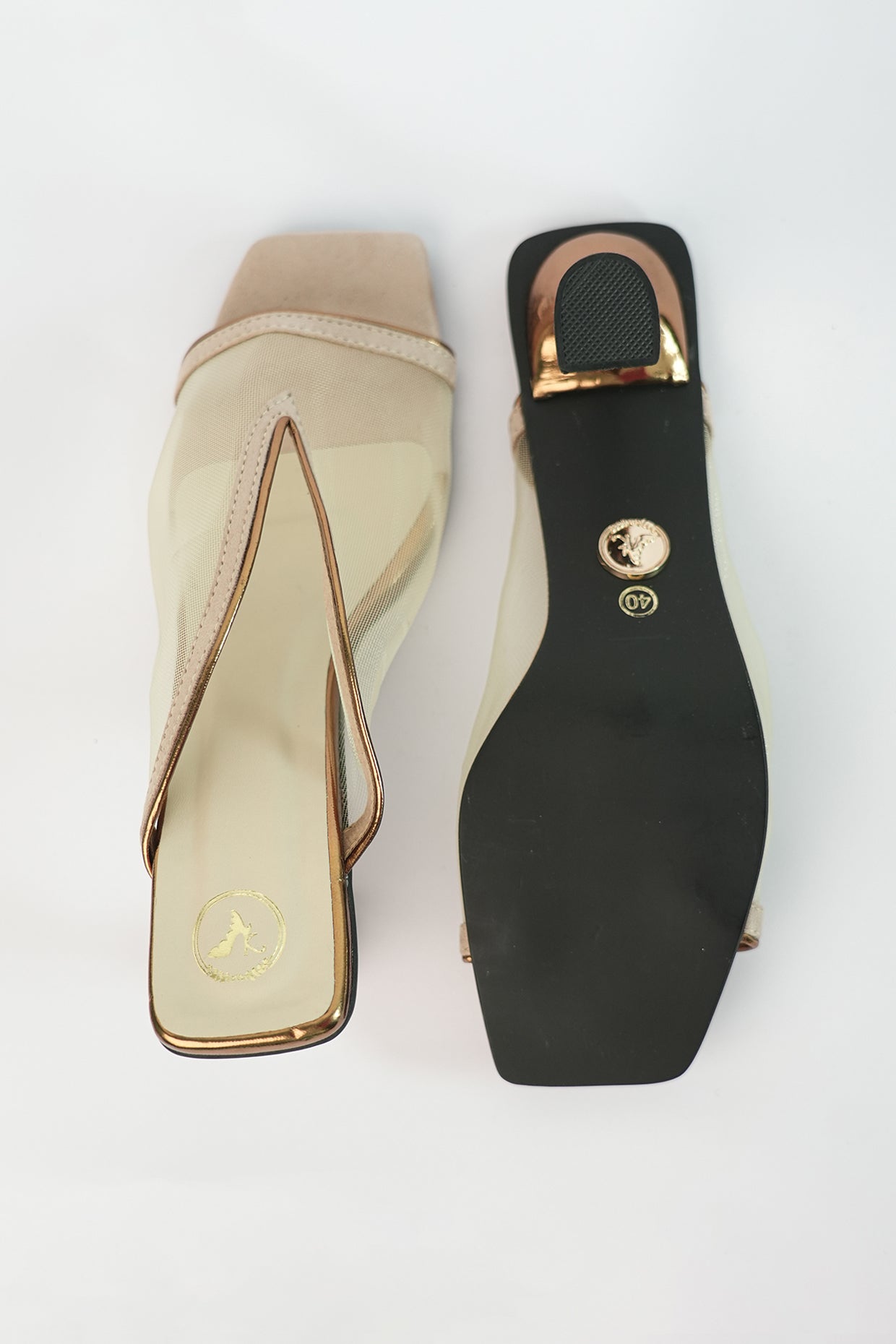 Gold Shark Net Open Toe Slip on Heels