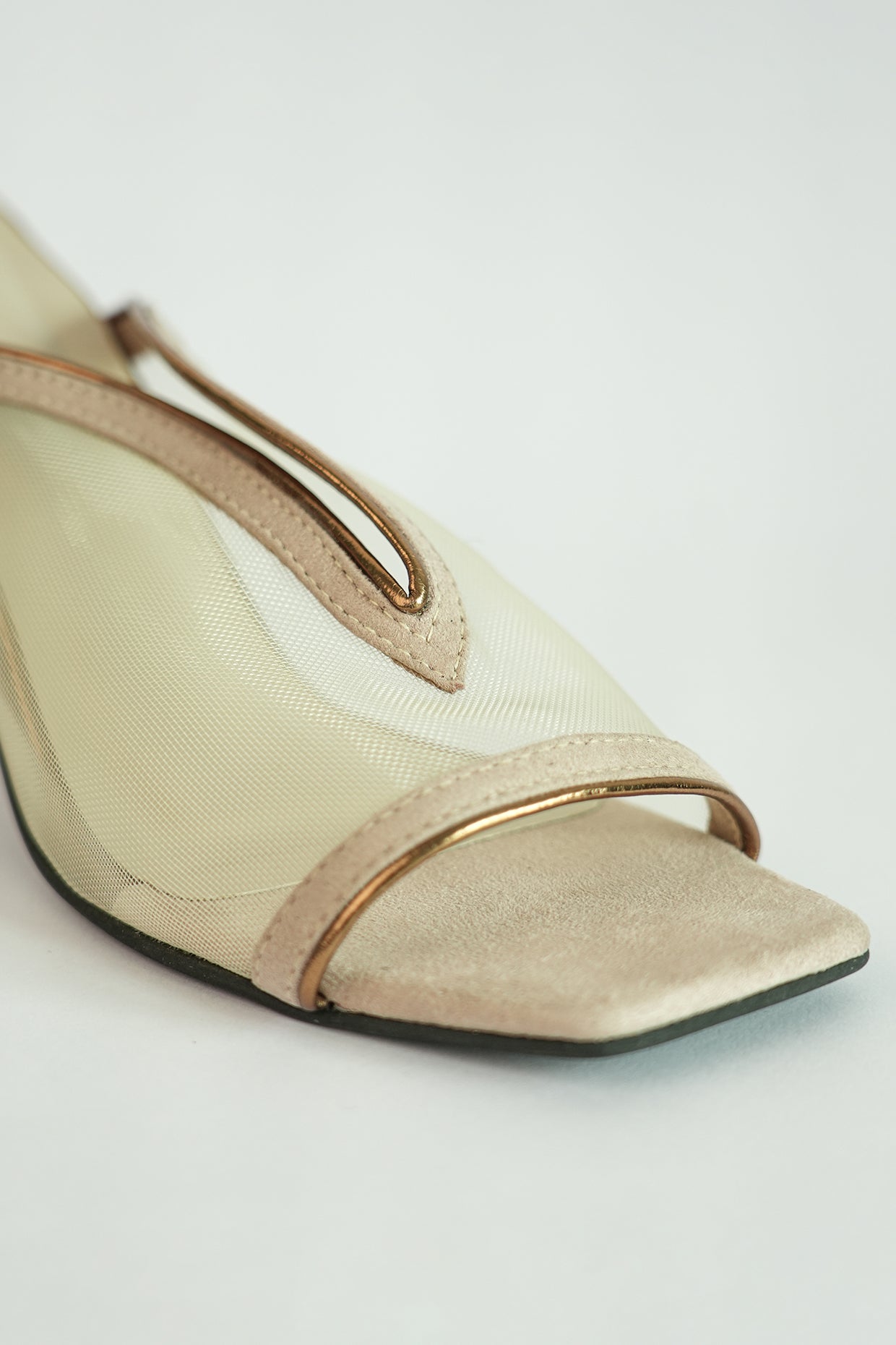 Gold Shark Net Open Toe Slip on Heels