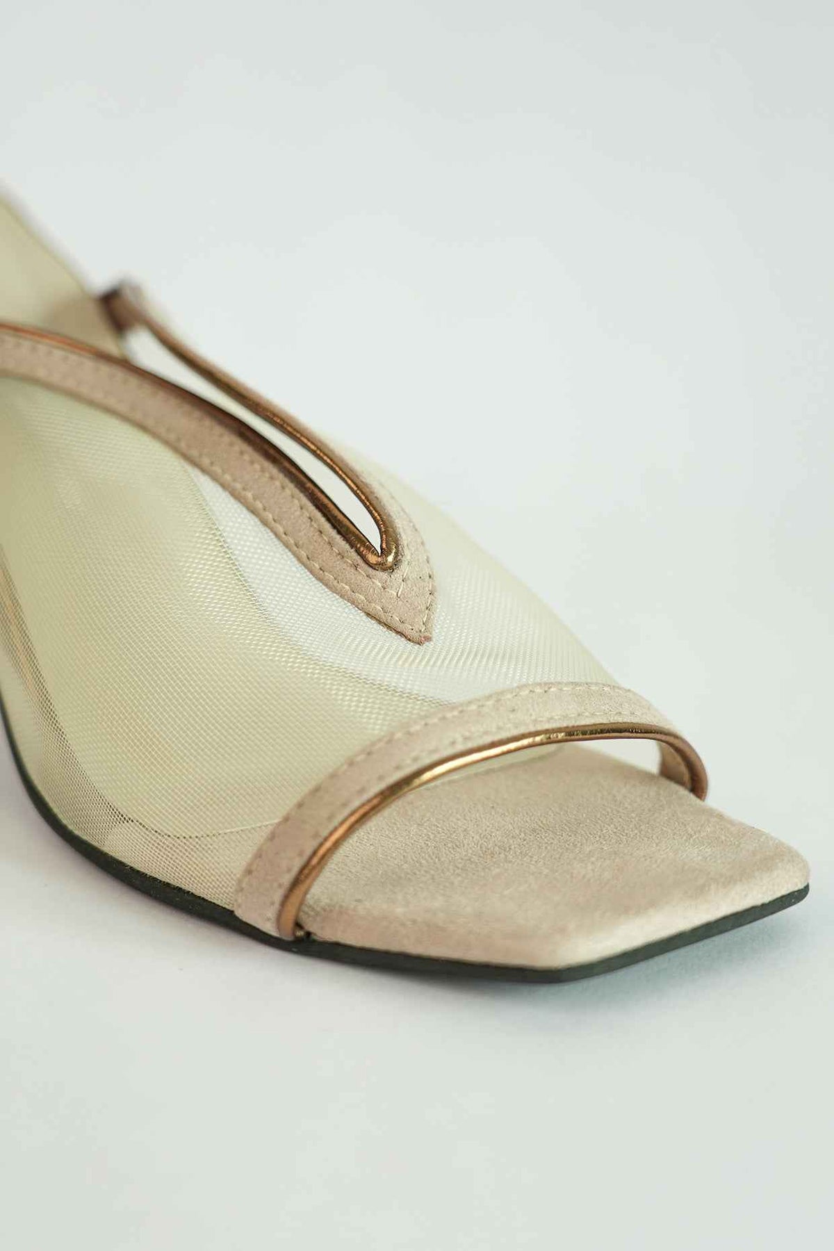 Gold Shark Net Open Toe Slip on Heels
