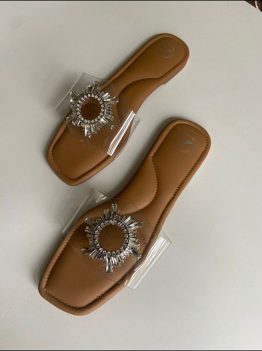 Brown Star Sliders Open - Toe Flats