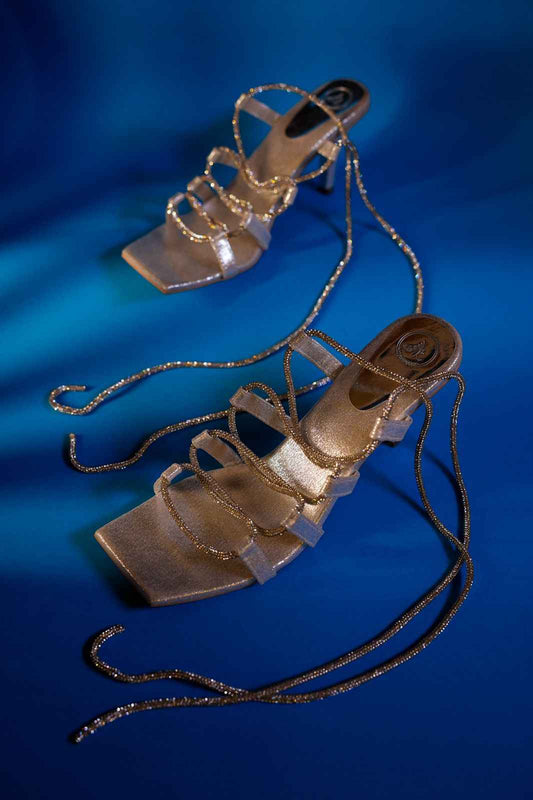 Silver Helly Shah Stringy Shoe Lace Heels Sandals