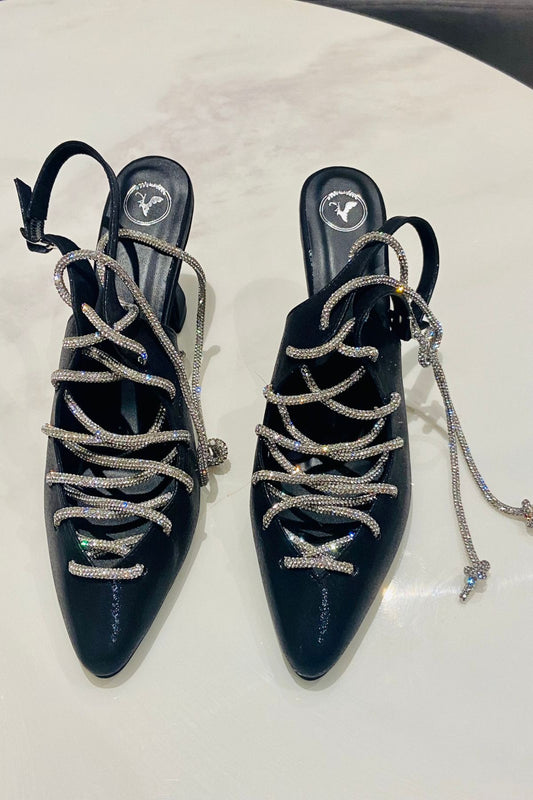 Black Stringy Sneaker Open Toe Heel Sandals