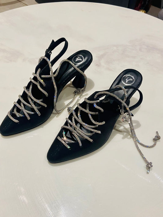 Black Stringy Sneaker Open Toe Heel Sandals