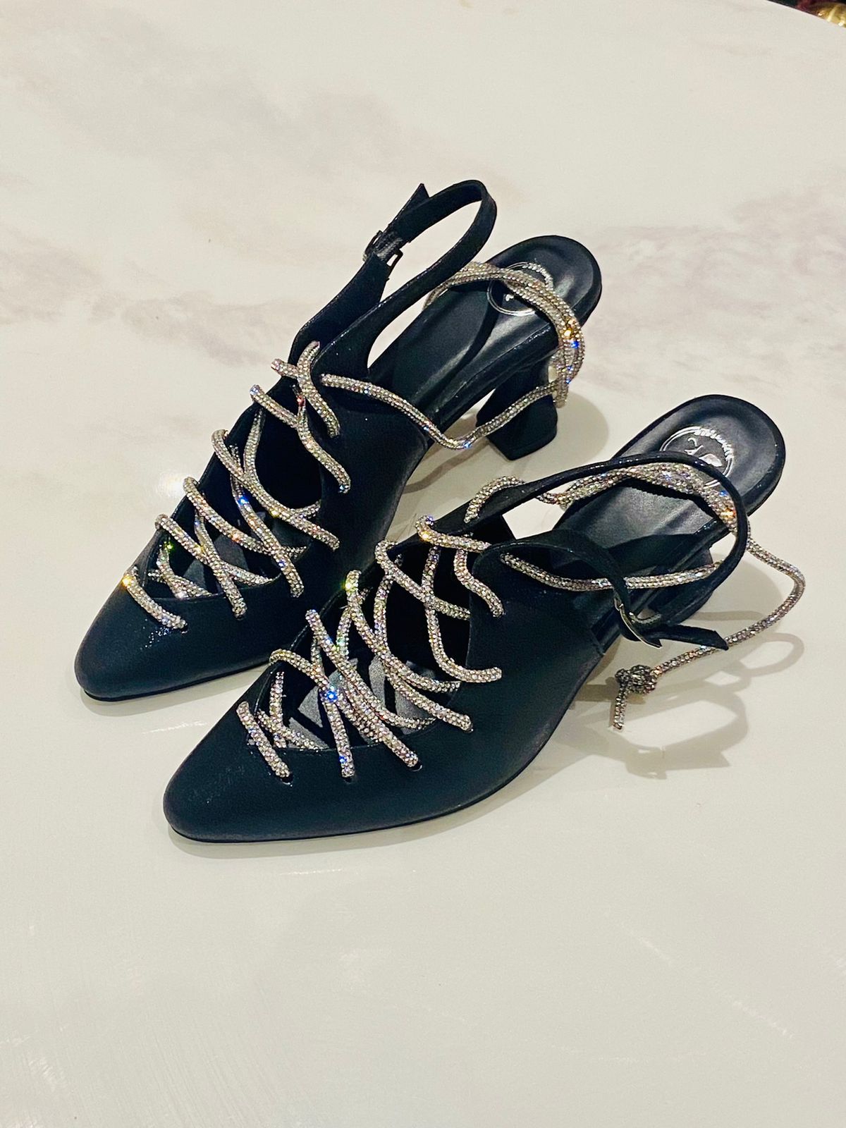 Black Stringy Sneaker Open Toe Heel Sandals