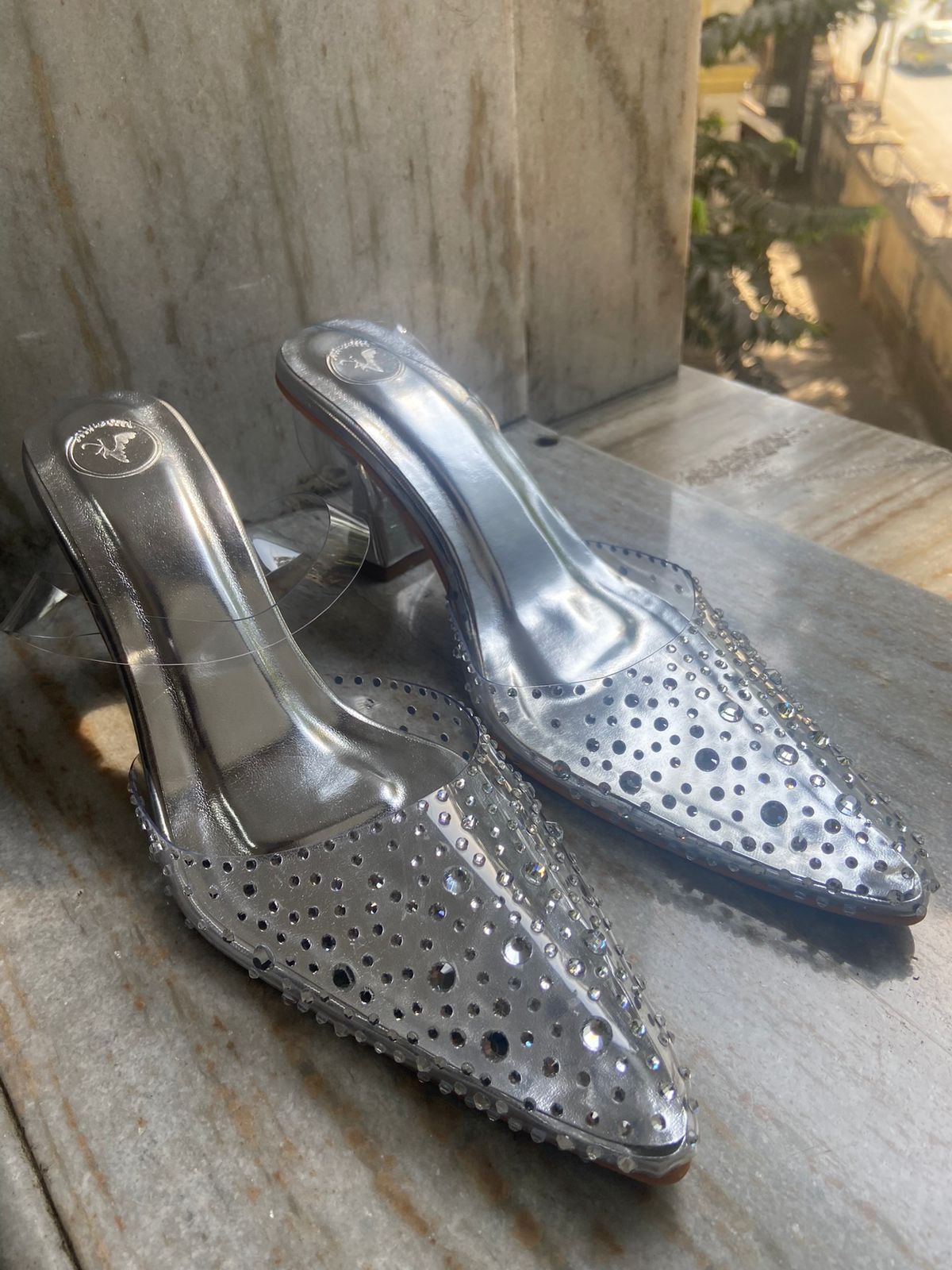 Silver Stud Rocker Pointed Heel Sandals