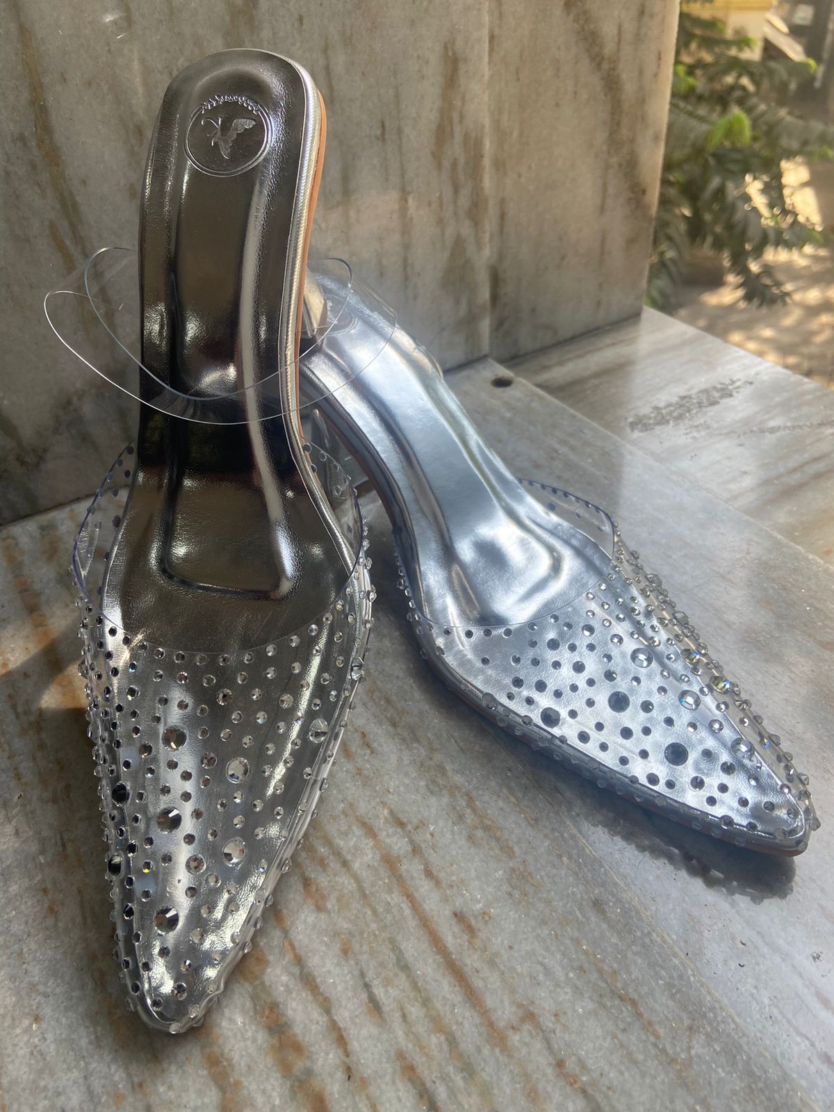 Silver Stud Rocker Pointed Heel Sandals