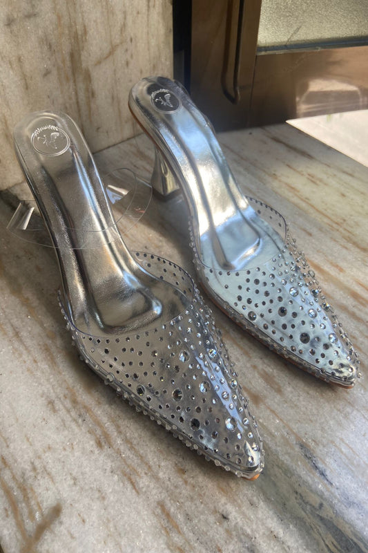 Silver Stud Rocker Pointed Heel Sandals