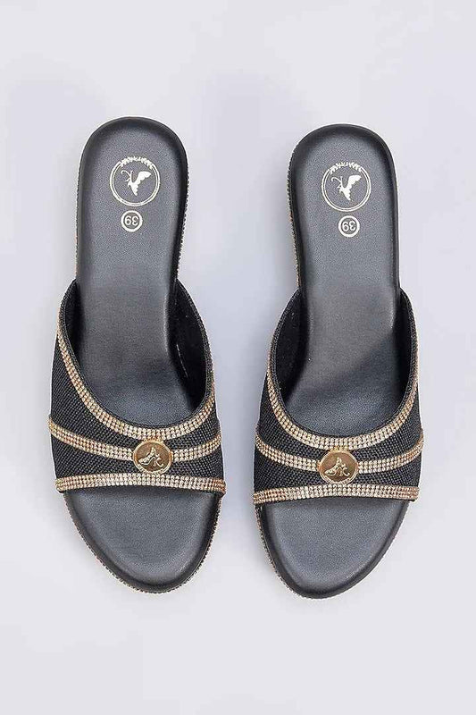 BLACK LOGO GOLD SYNTHETIC LEATHER METALLIC EMBROIDERED WEDGE