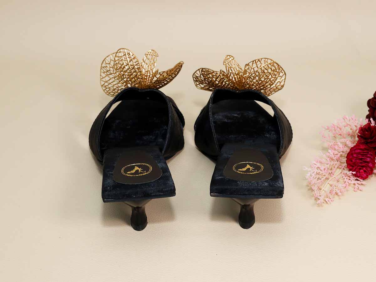 Gold Flower Black Kitten Heel