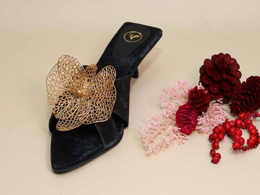 Gold Flower Black Kitten Heel