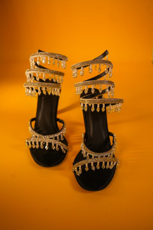 Black Silver Spring With Emblishment Heel Sandal