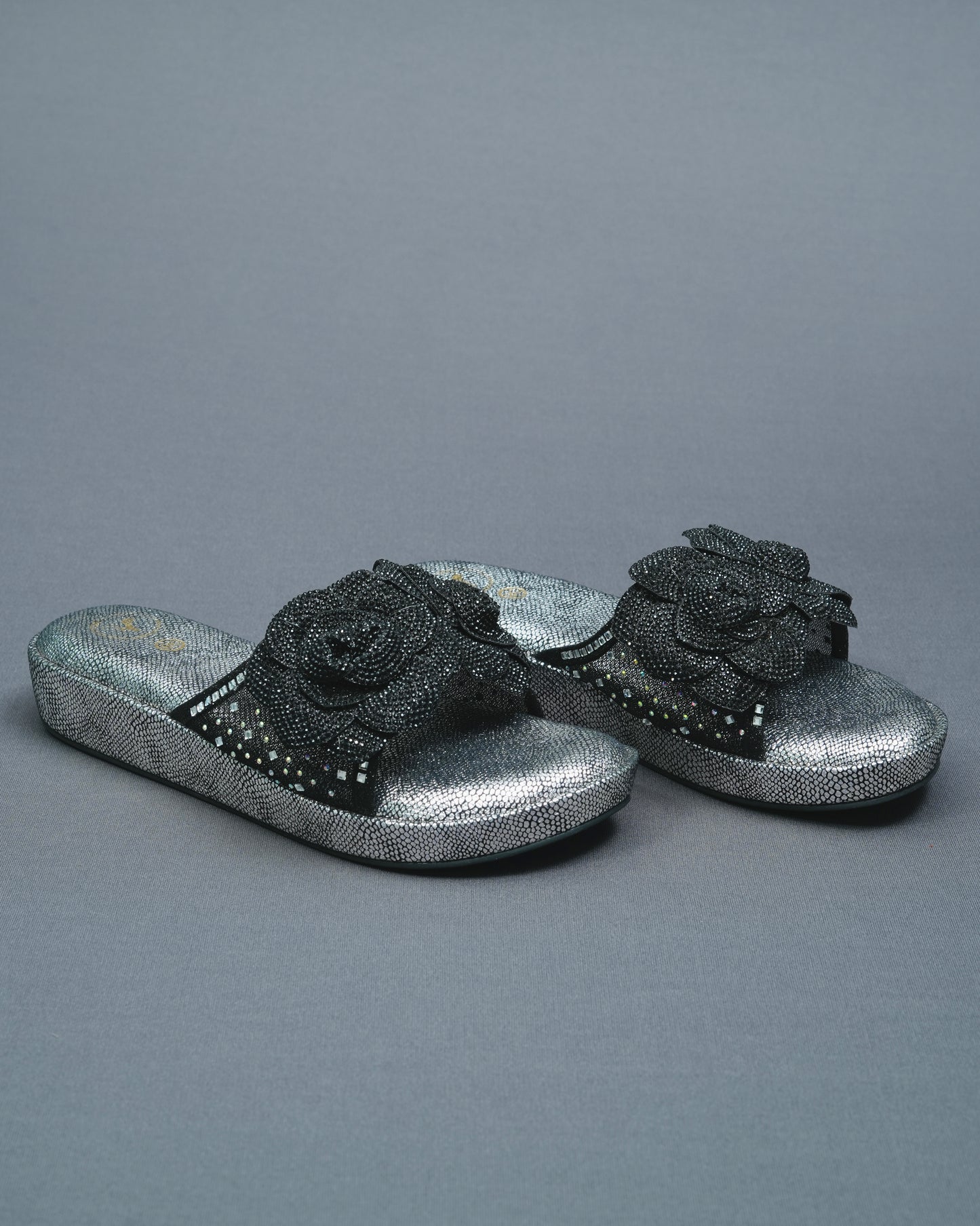 Black rose Open Toe Silver Wedge Leather Heels