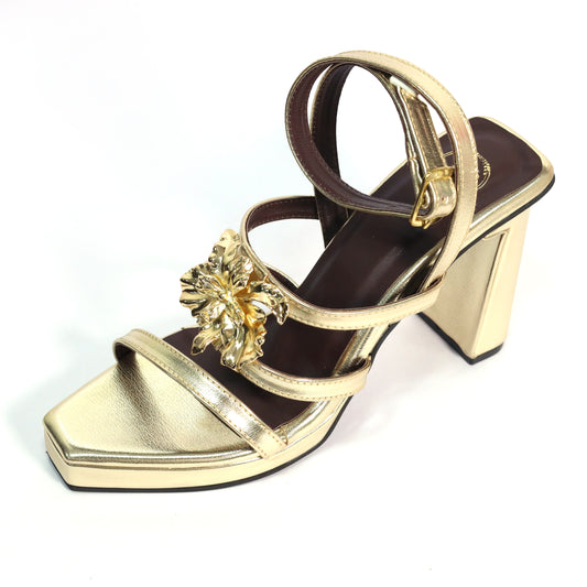 Zeno Gold Open Toe Faux Leather Heels for Women