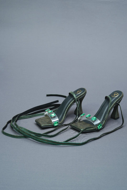 Open Toe Faux Leather Green Stones Tie Up Heels