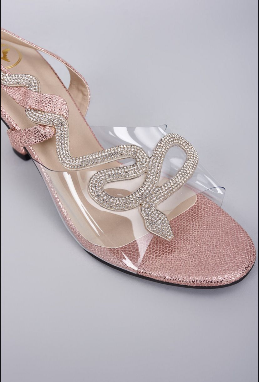 Faux Leather Rose Gold Zigzag Snake Open Toe Heels