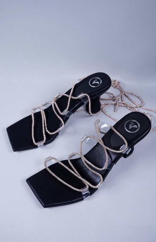 Black Stringy Shoe Lace Heel Sandal