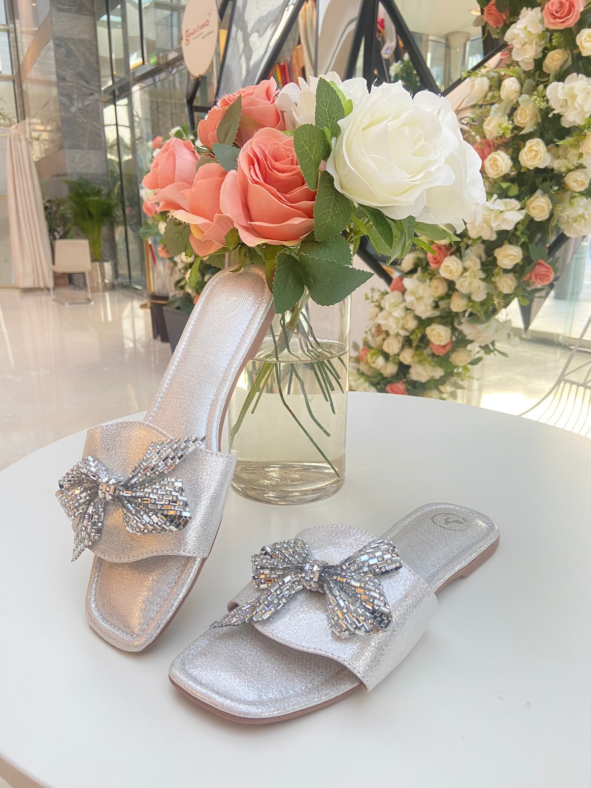 Silver Bow Sliders Flat Sandal