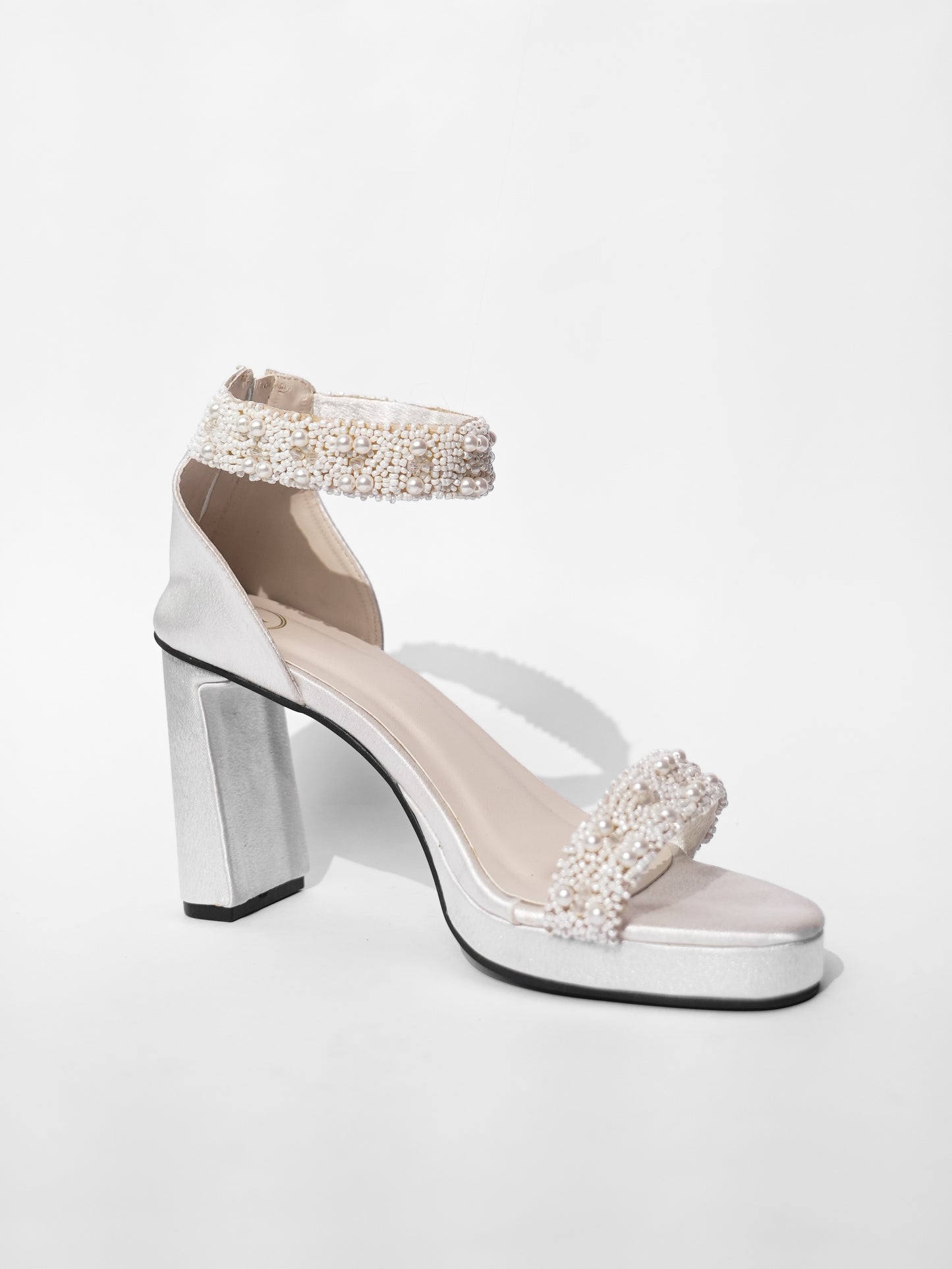 White Open Toe Narrow Fit Kushi Pearls Elevated Heels