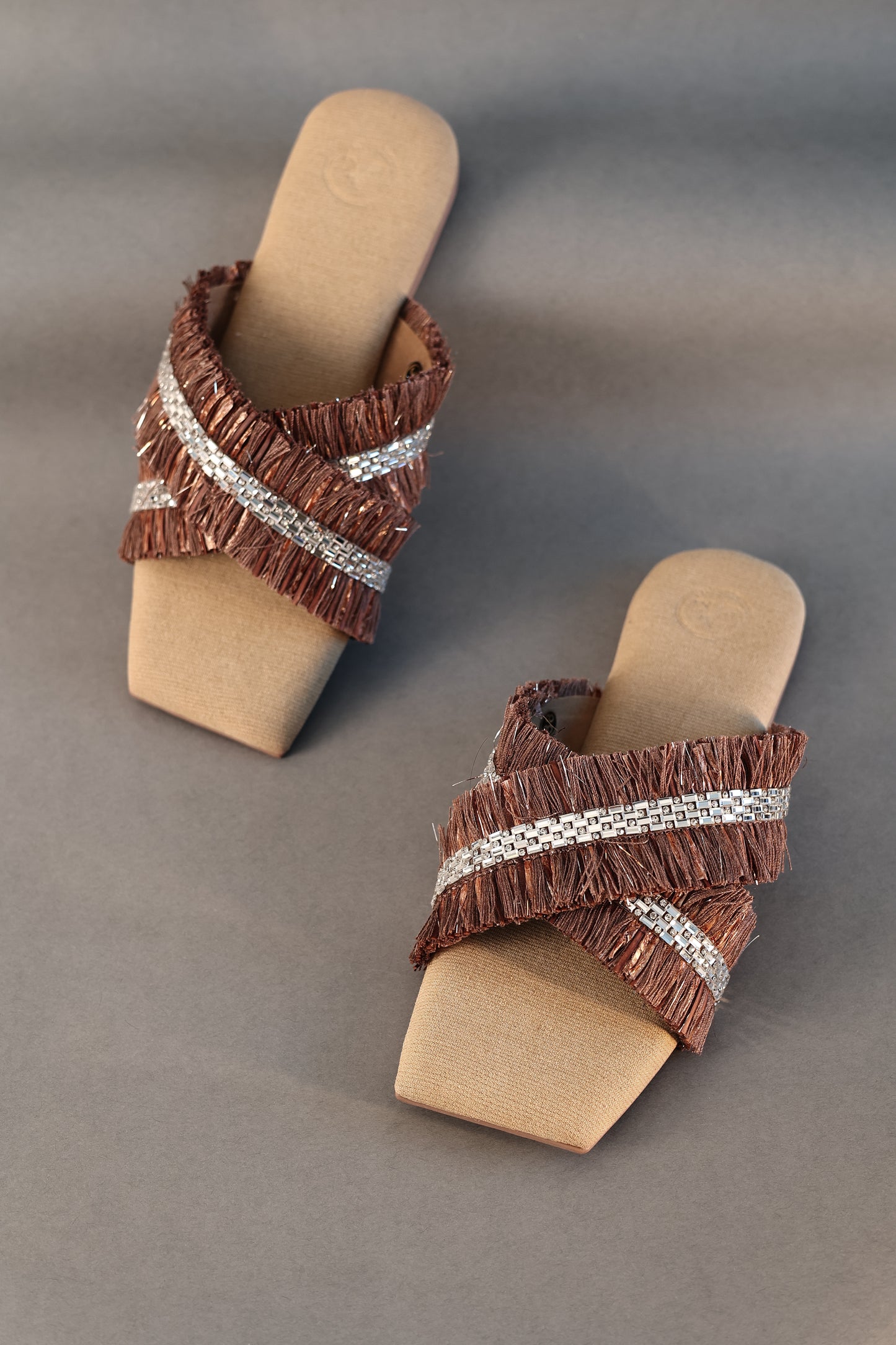 Brown Jute Frills Sliders Flat Sandal