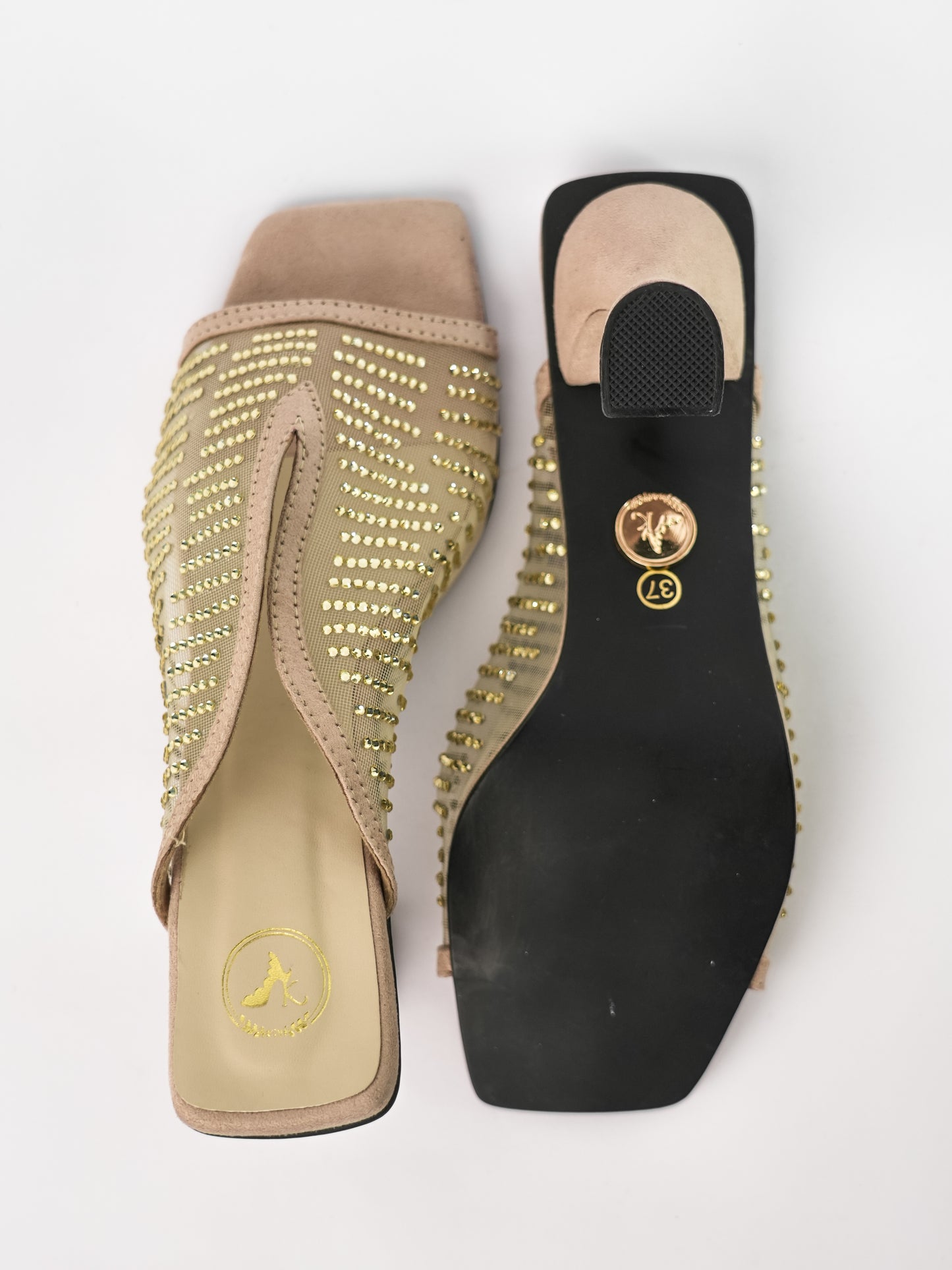 Gold Open Toe Shark Net Studed Heels