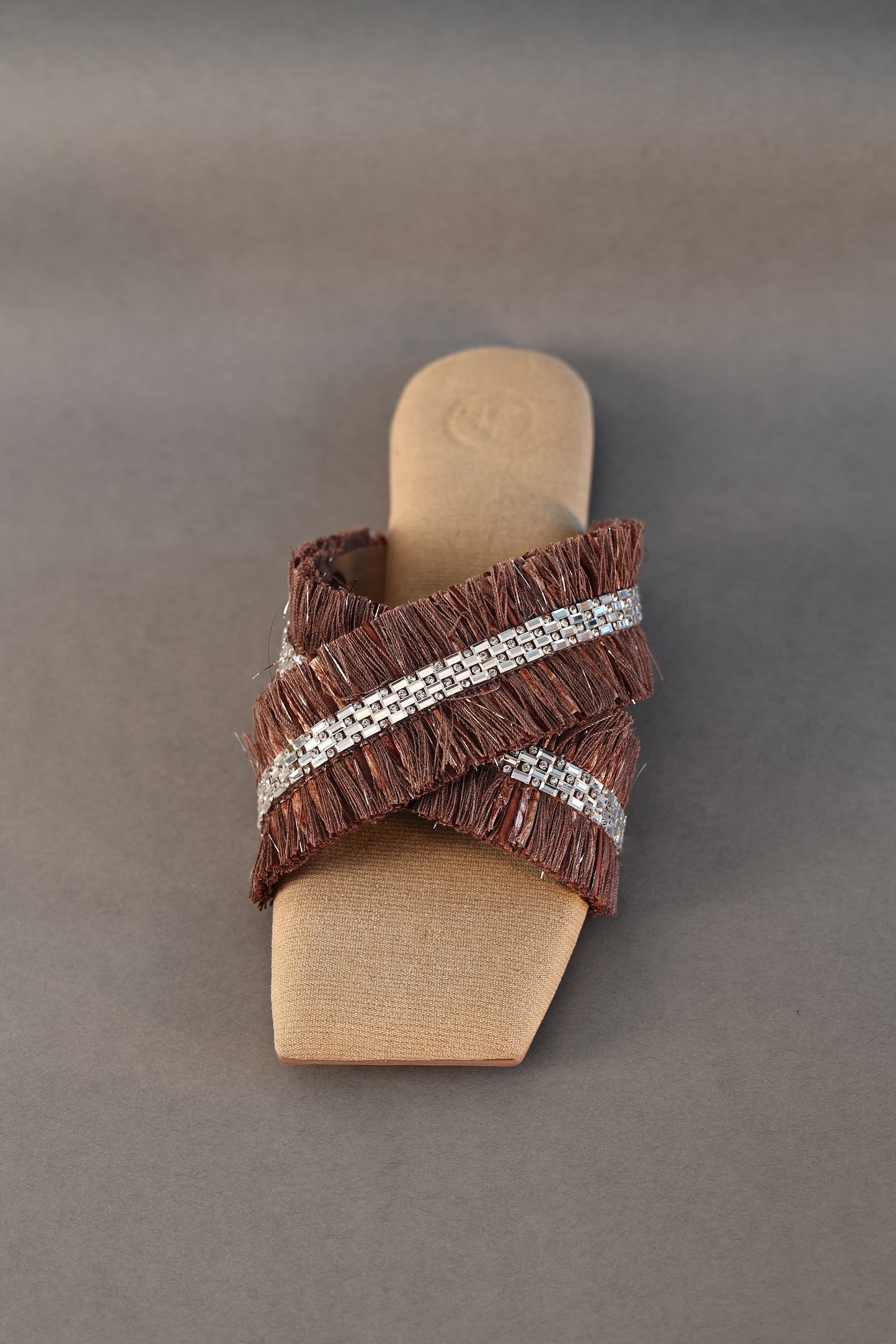 Brown Jute Frills Sliders Flat Sandal