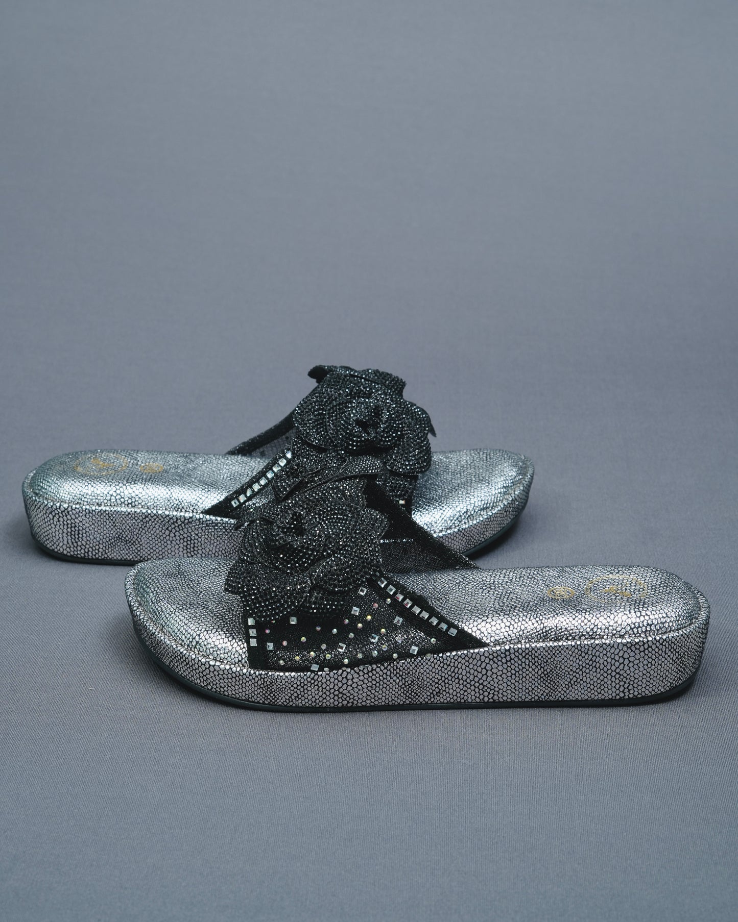 Black rose Open Toe Silver Wedge Leather Heels