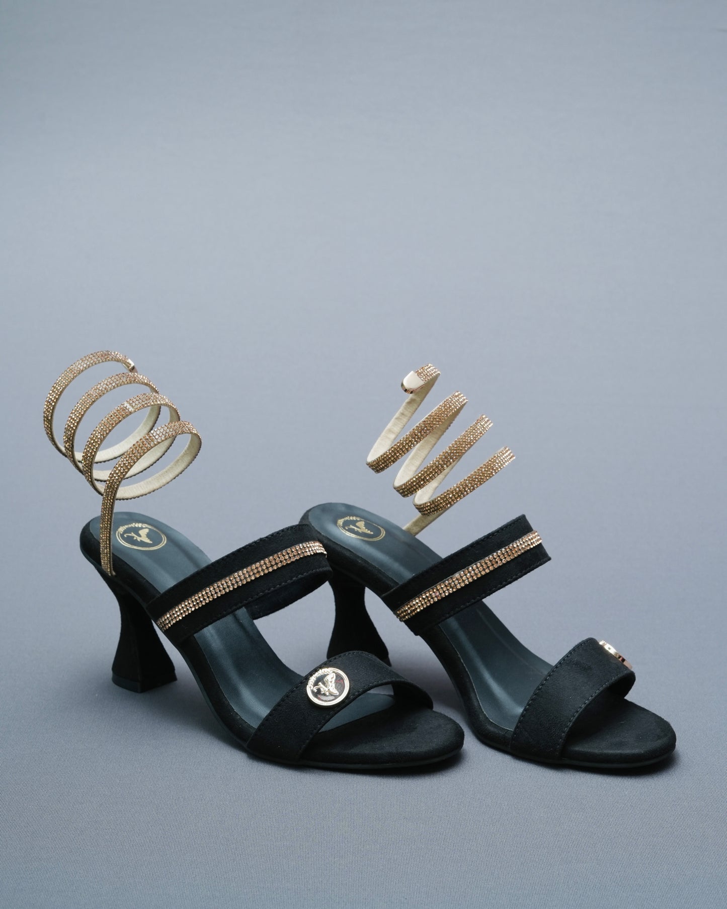 Open Toe Black Heels with Champagne Gold Spring