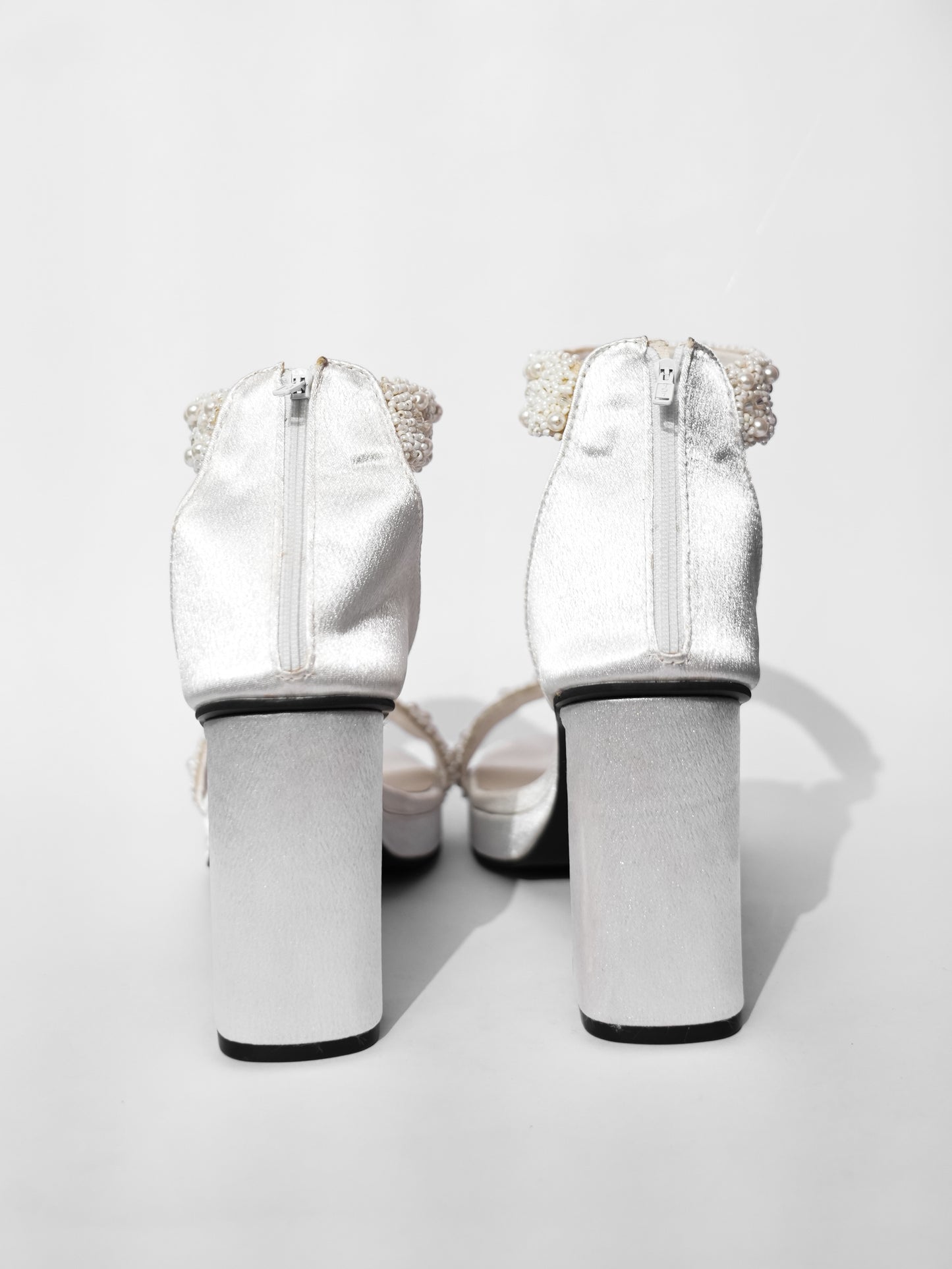 White Open Toe Narrow Fit Kushi Pearls Elevated Heels