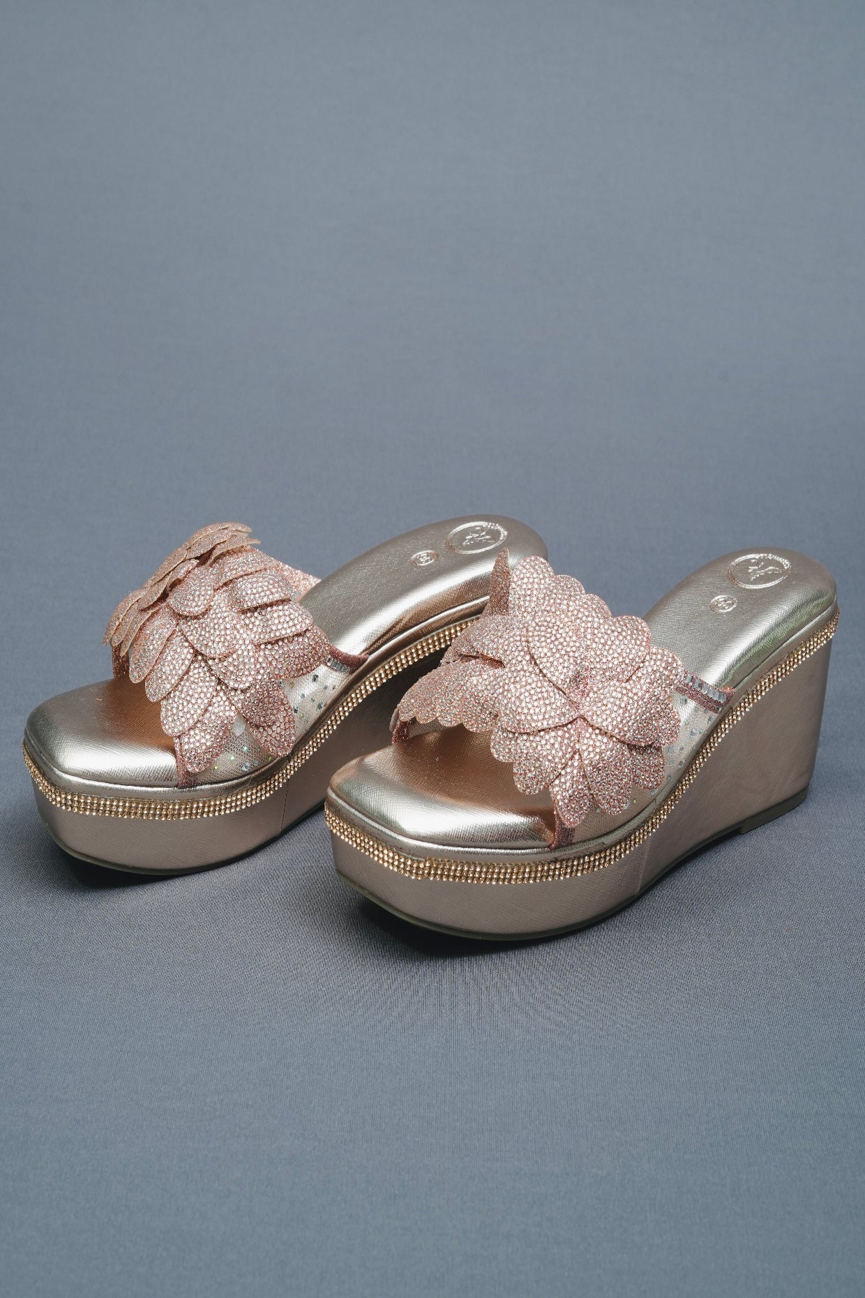 Open Toe Rose Gold Wedge Heels