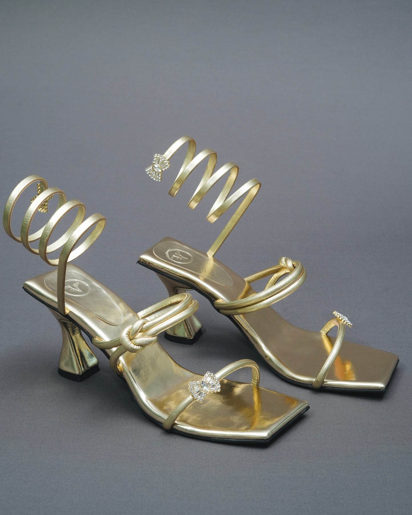 Open Toe Gold Champagne Gun Metal Heels