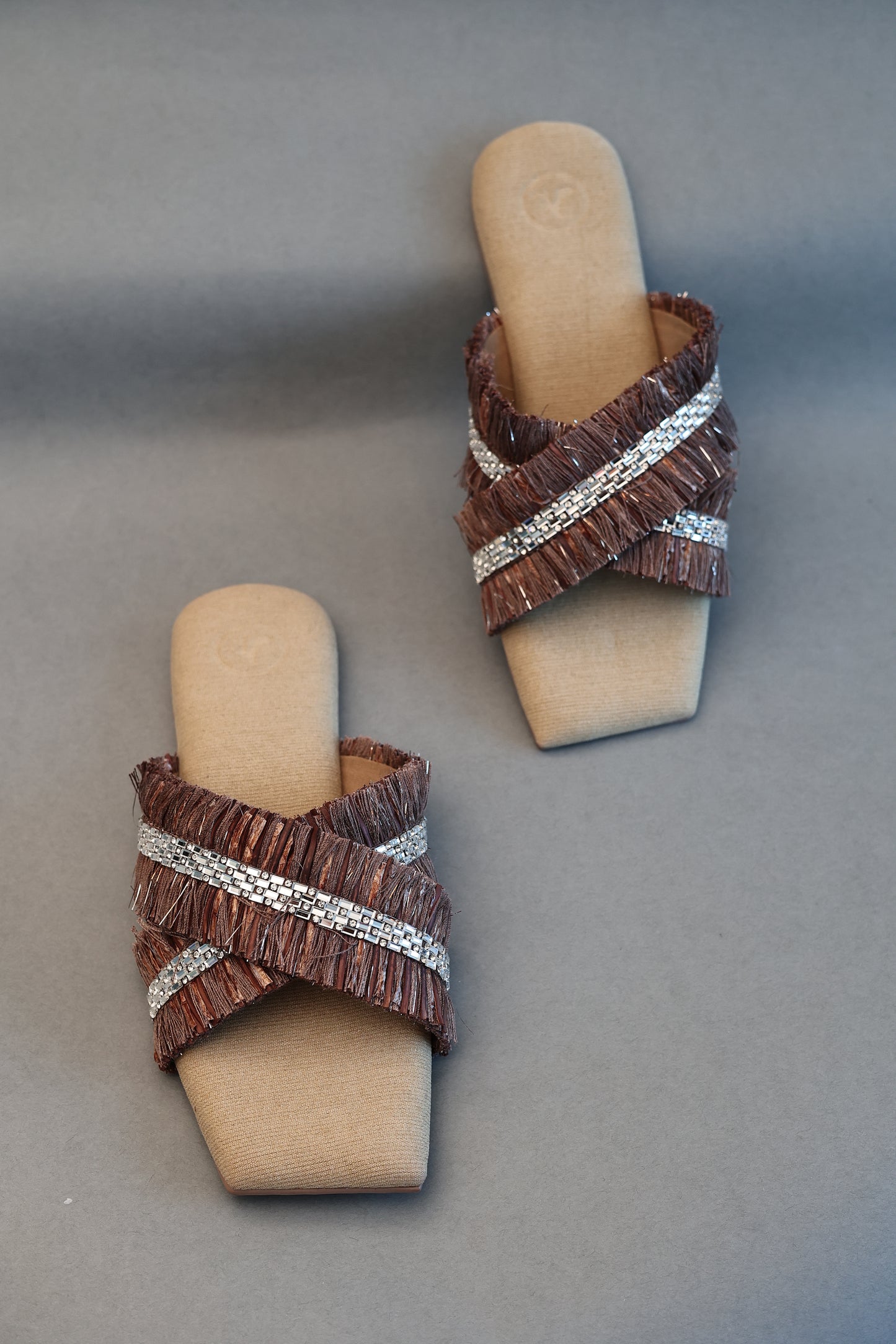 Brown Jute Frills Sliders Flat Sandal