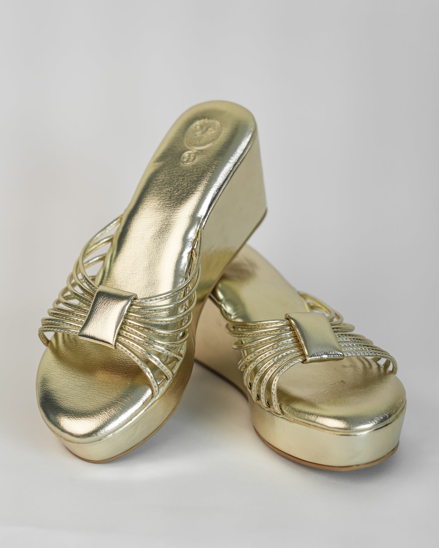 Gold Open Toe Slip-on closure Biscuit Wedge