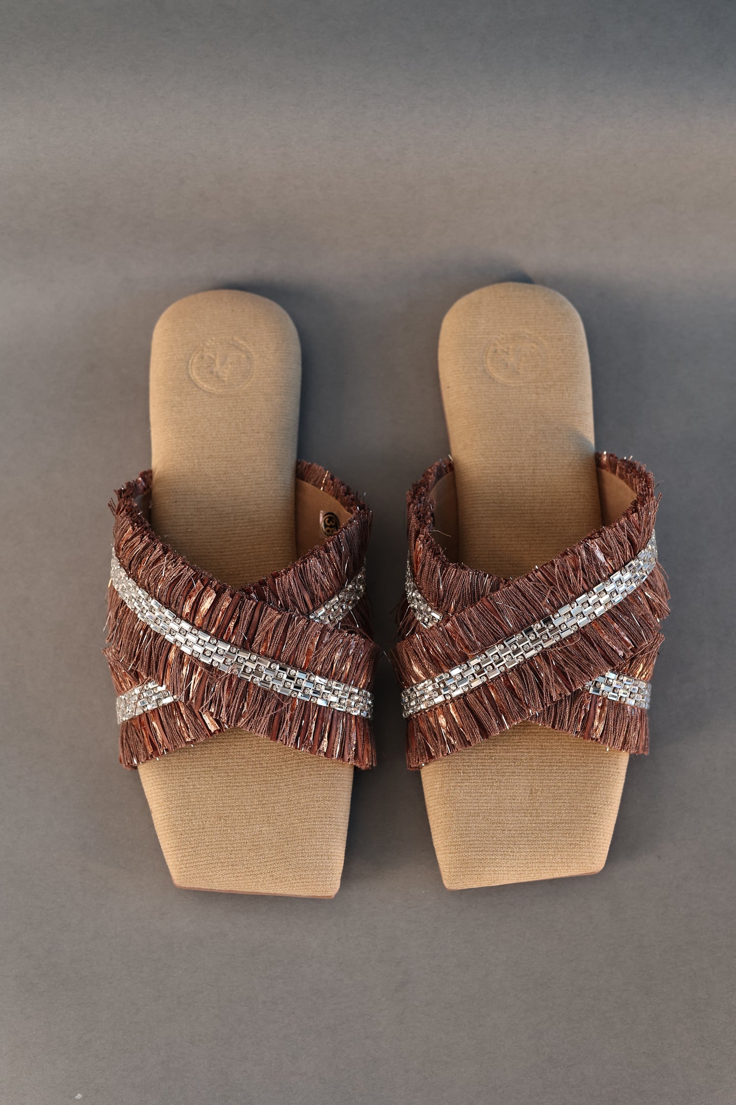 Brown Jute Frills Sliders Flat Sandal