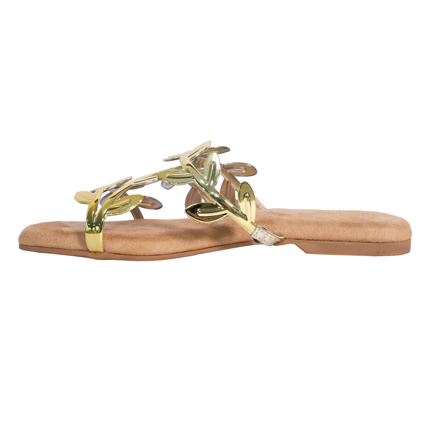 Gold Faux Leather Open Toe Gold Leafy Flat
