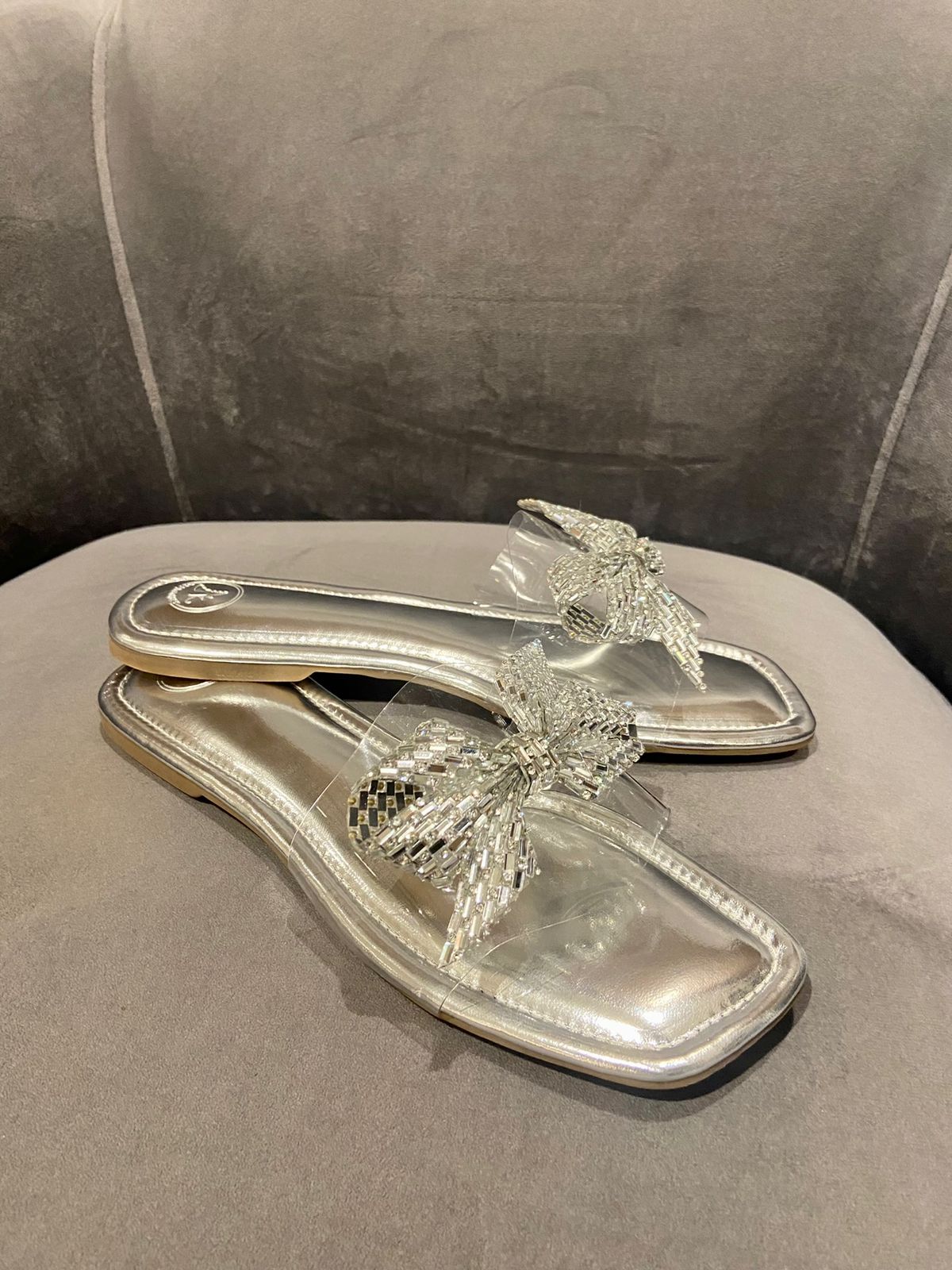 Silver Bow Silver Base Open Toe Flats