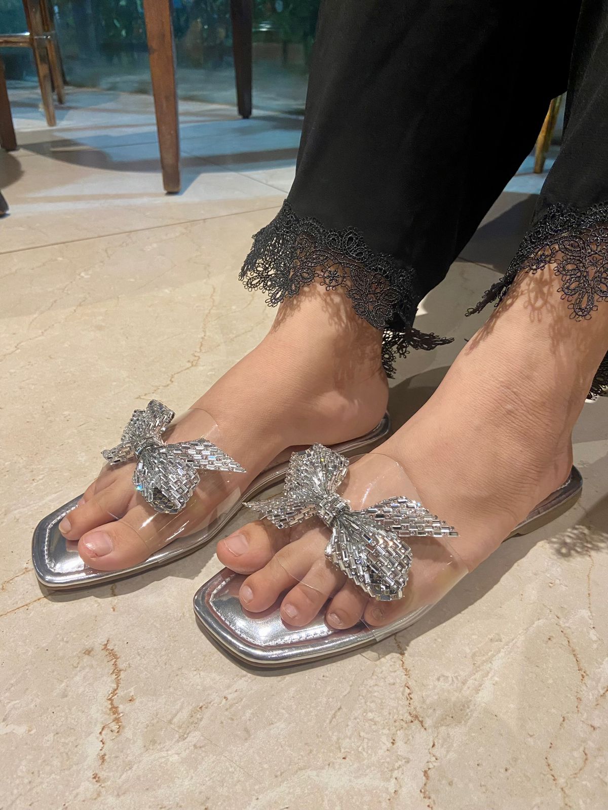 Silver Bow Silver Base Open Toe Flats