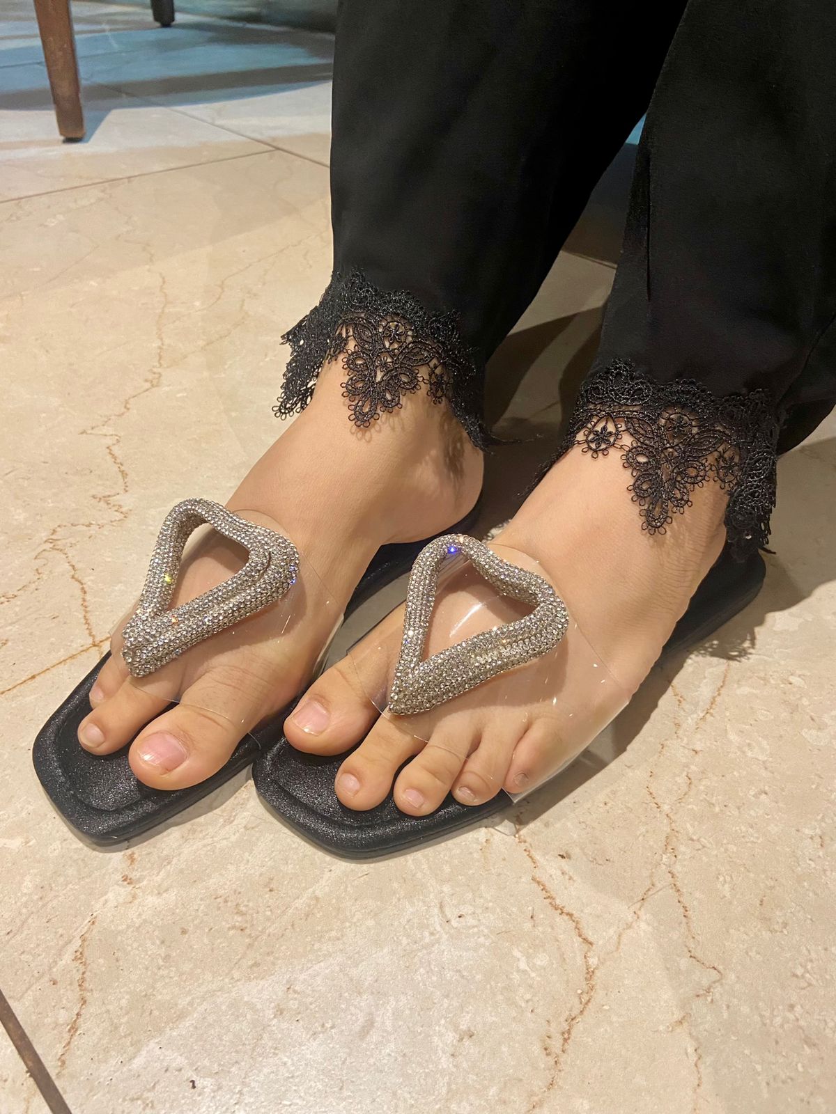 Silver Heart Black Base Open Toe Flats